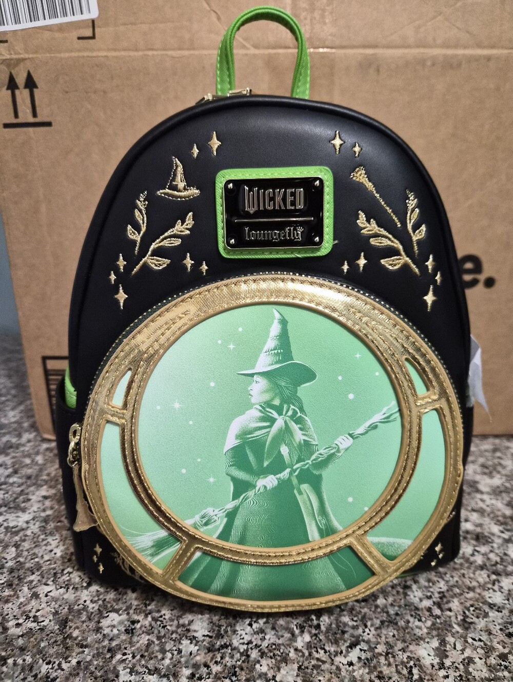 Loungefly Wicked Elphaba Green and Black Mini Backpack with Gold Accents